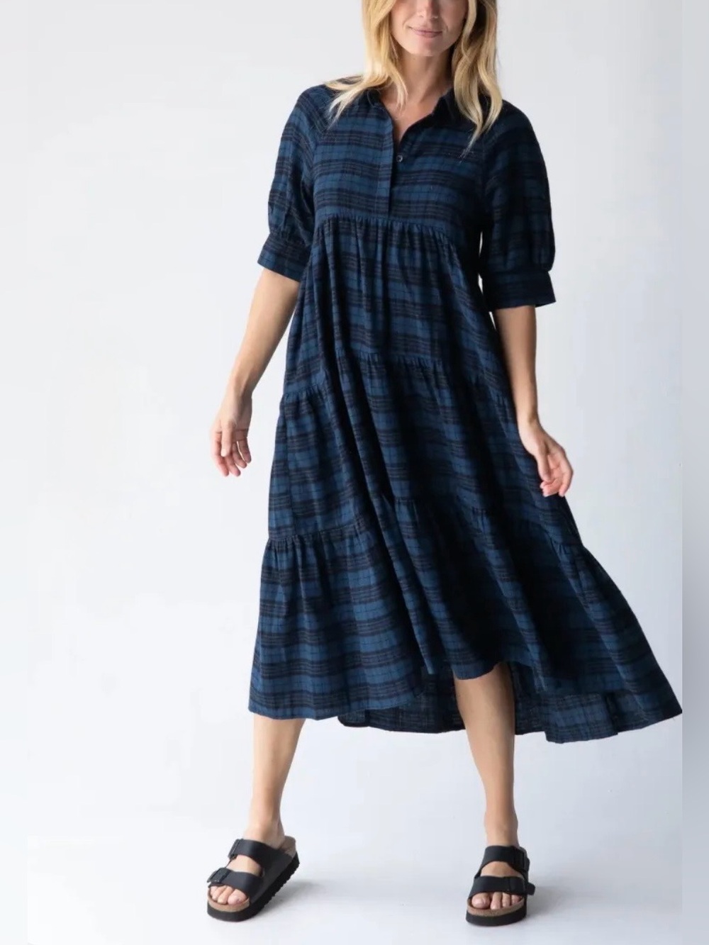 Rebecca Tiered Midi Dress Blue Black Flannel Plaid Boho Minimalist 
Sz L NWOT